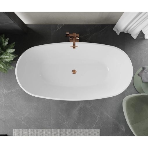 HD Aurora White 150/160/170 cm hosszú ovális térben álló akril kád rózsa arany túlfolyóval és click-clack leeresztővel