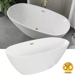  HD Aurora White 150/160/170 cm hosszú ovális térben álló akril kád fényes arany túlfolyóval és click-clack leeresztővel