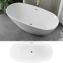 HD Aurora White 150/160/170 cm hosszú ovális térben álló akril kád fényes arany túlfolyóval és click-clack leeresztővel