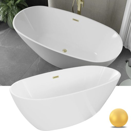 HD Aurora White 150/160/170 cm hosszú ovális térben álló akril kád szálcsiszolt arany túlfolyóval és click-clack leeresztővel