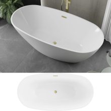 HD Aurora White 150/160/170 cm hosszú ovális térben álló akril kád szálcsiszolt arany túlfolyóval és click-clack leeresztővel