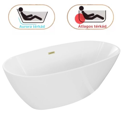 HD Aurora White 150/160/170 cm hosszú ovális térben álló akril kád szálcsiszolt arany túlfolyóval és click-clack leeresztővel