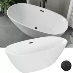   HD Aurora White 150/160/170 cm hosszú ovális térben álló akril kád matt fekete túlfolyóval és click-clack leeresztővel