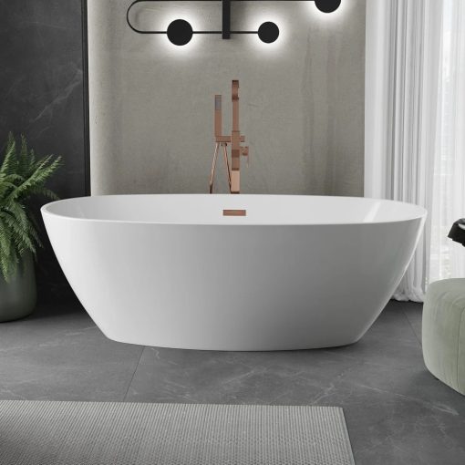 HD Aurora White 160x75 ovális térben álló akril kád rózsa arany túlfolyóval és click-clack leeresztővel