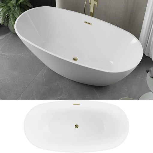 HD Aurora White 160x75 ovális térben álló akril kád fényes arany túlfolyóval és click-clack leeresztővel