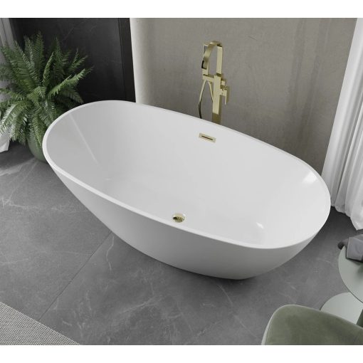 HD Aurora White 160x75 ovális térben álló akril kád fényes arany túlfolyóval és click-clack leeresztővel