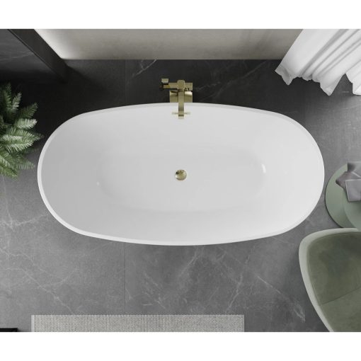 HD Aurora White 160x75 ovális térben álló akril kád fényes arany túlfolyóval és click-clack leeresztővel