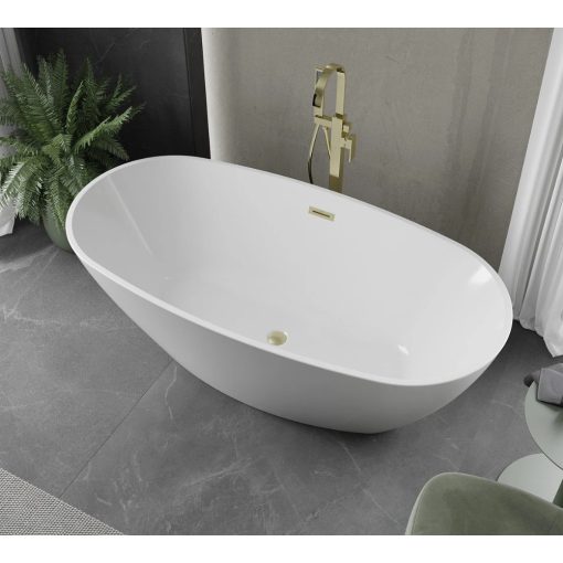 HD Aurora White 160x75 ovális térben álló akril kád szálcsiszolt arany túlfolyóval és click-clack leeresztővel