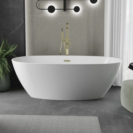 HD Aurora White 160x75 ovális térben álló akril kád szálcsiszolt arany túlfolyóval és click-clack leeresztővel