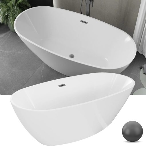 HD Aurora White 160x75 ovális térben álló akril kád szürke túlfolyóval és click-clack leeresztővel