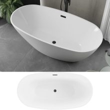 HD Aurora White 160x75 ovális térben álló akril kád matt fekete túlfolyóval és click-clack leeresztővel