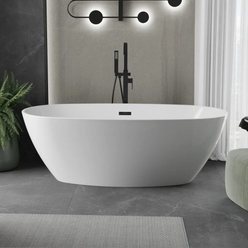 HD Aurora White 160x75 ovális térben álló akril kád matt fekete túlfolyóval és click-clack leeresztővel