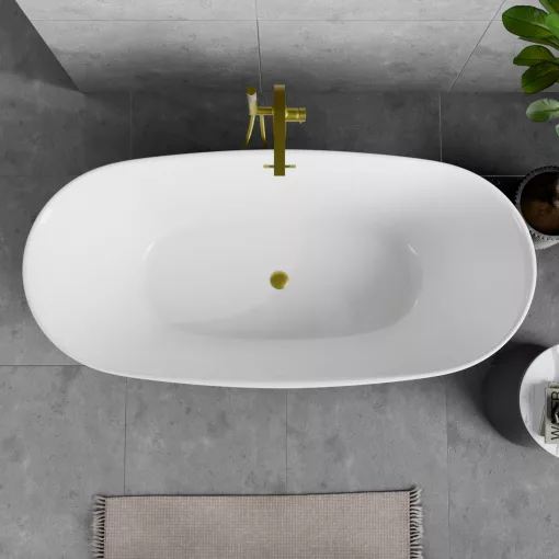 HD Aurora White 170x75 ovális térben álló akril kád szálcsiszolt arany túlfolyóval és click-clack leeresztővel