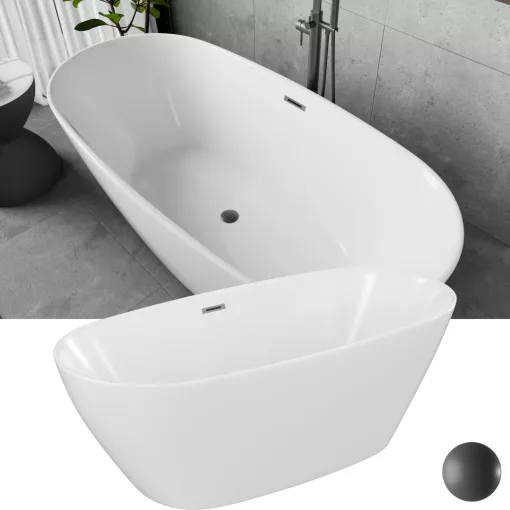 HD Aurora White 170x75 ovális térben álló akril kád szürke túlfolyóval és click-clack leeresztővel