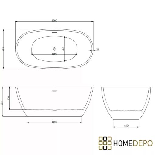 HD Aurora White 170x75 ovális térben álló akril kád szürke túlfolyóval és click-clack leeresztővel