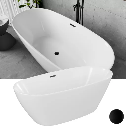 HD Aurora White 170x75 ovális térben álló akril kád matt fekete túlfolyóval és click-clack leeresztővel