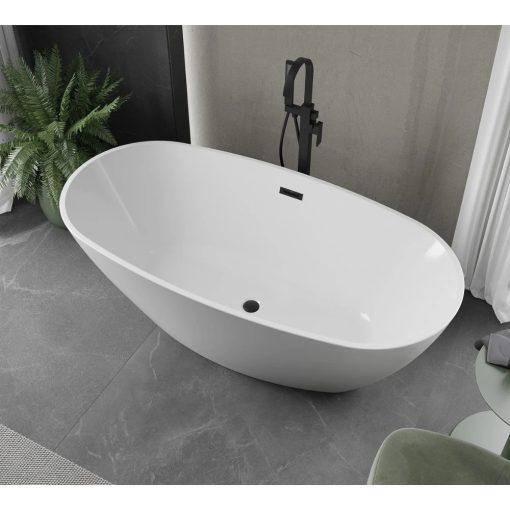 HD Aurora White 170x75 ovális térben álló akril kád matt fekete túlfolyóval és click-clack leeresztővel