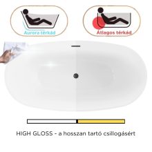 HD Aurora White 170x75 ovális térben álló akril kád matt fekete túlfolyóval és click-clack leeresztővel