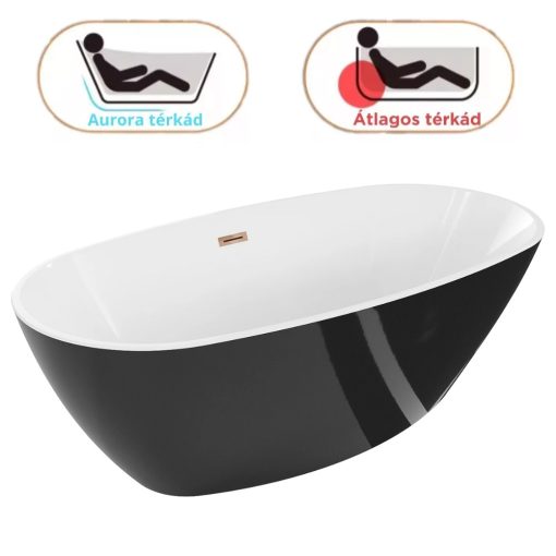 HD Aurora Black&White 150/160/170 cm hosszú ovális térben álló akril kád rózsa arany túlfolyóval és click-clack leeresztővel