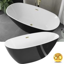HD Aurora Black&White 150/160/170 cm hosszú ovális térben álló akril kád fényes arany túlfolyóval és click-clack leeresztővel