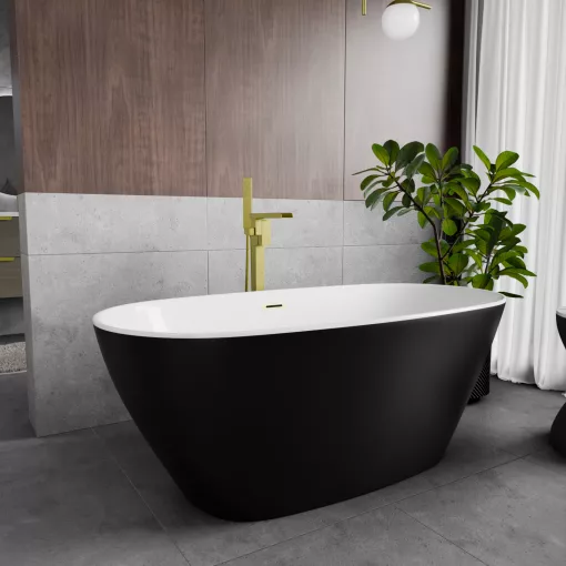 HD Aurora Black&White 150/160/170 cm hosszú ovális térben álló akril kád szálcsiszolt arany túlfolyóval és click-clack leeresztővel