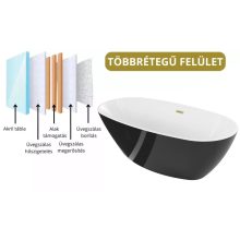 HD Aurora Black&White 150/160/170 cm hosszú ovális térben álló akril kád szálcsiszolt arany túlfolyóval és click-clack leeresztővel