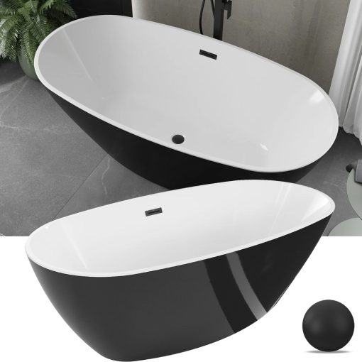 HD Aurora Black&White 150/160/170 cm hosszú ovális térben álló akril kád matt fekete túlfolyóval és click-clack leeresztővel