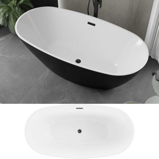 HD Aurora Black&White 150/160/170 cm hosszú ovális térben álló akril kád matt fekete túlfolyóval és click-clack leeresztővel