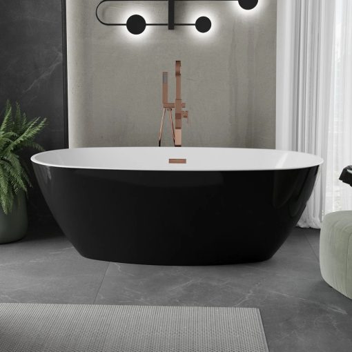 HD Aurora Black&White 160x75 ovális térben álló akril kád rózsa arany túlfolyóval és click-clack leeresztővel