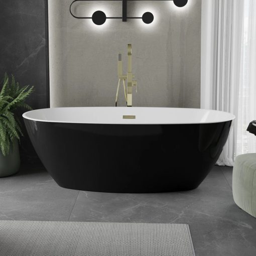 HD Aurora Black&White 160x75 ovális térben álló akril kád fényes arany túlfolyóval és click-clack leeresztővel