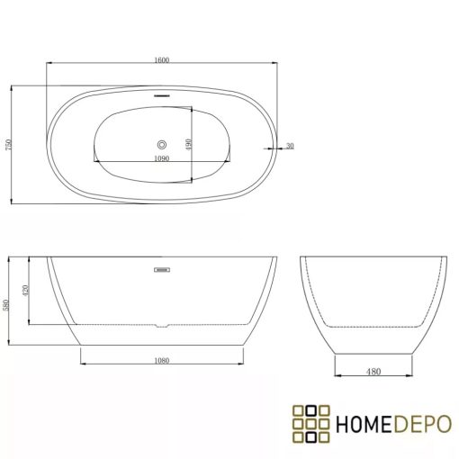 HD Aurora Black&White 160x75 ovális térben álló akril kád fényes arany túlfolyóval és click-clack leeresztővel