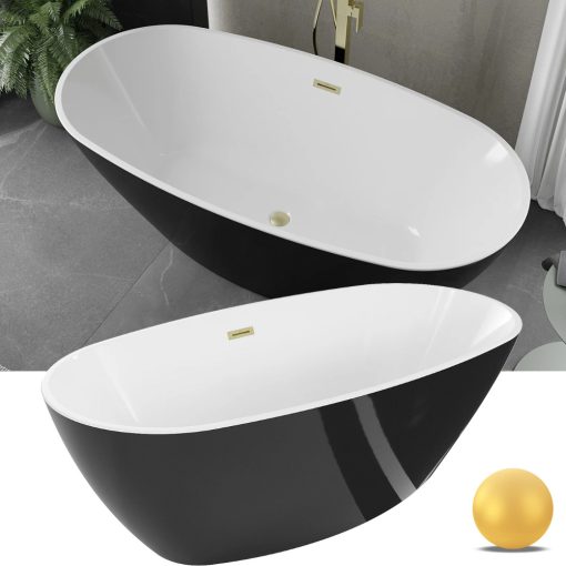 HD Aurora Black&White 160x75 ovális térben álló akril kád szálcsiszolt arany túlfolyóval és click-clack leeresztővel