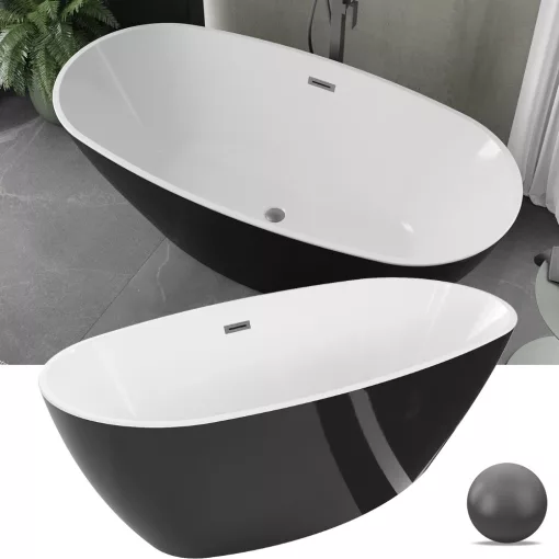HD Aurora Black&White 160x75 ovális térben álló akril kád szürke túlfolyóval és click-clack leeresztővel