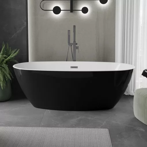 HD Aurora Black&White 160x75 ovális térben álló akril kád szürke túlfolyóval és click-clack leeresztővel