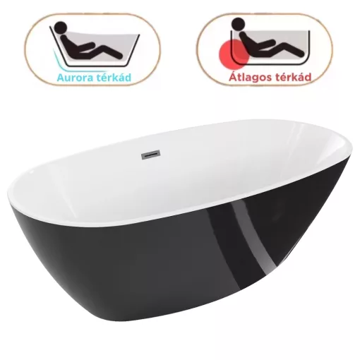 HD Aurora Black&White 160x75 ovális térben álló akril kád szürke túlfolyóval és click-clack leeresztővel