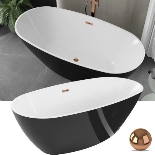 HD Aurora Black&White 170x75 ovális térben álló akril kád rózsa arany túlfolyóval és click-clack leeresztővel