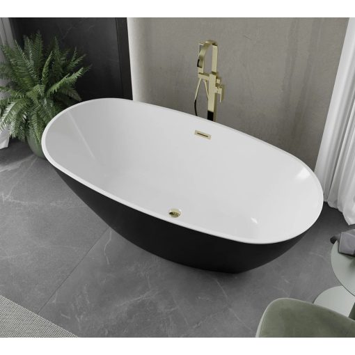 HD Aurora Black&White 170x75 ovális térben álló akril kád fényes arany túlfolyóval és click-clack leeresztővel