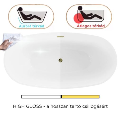 HD Aurora Black&White 170x75 ovális térben álló akril kád fényes arany túlfolyóval és click-clack leeresztővel