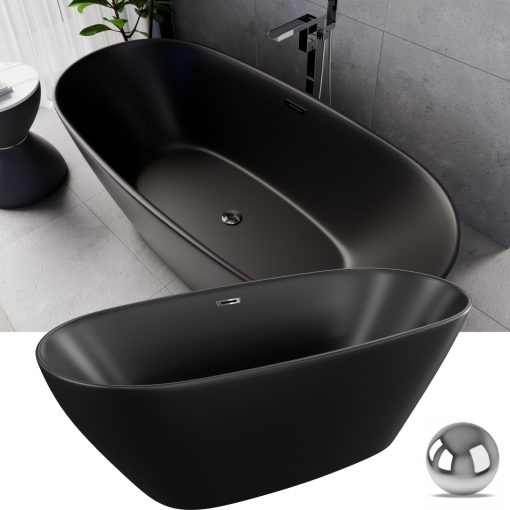 HD Aurora Matt Black 170x75 ovális térben álló akril kád fényes króm túlfolyóval és click-clack leeresztővel