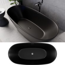 HD Aurora Matt Black 170x75 ovális térben álló akril kád fényes króm túlfolyóval és click-clack leeresztővel