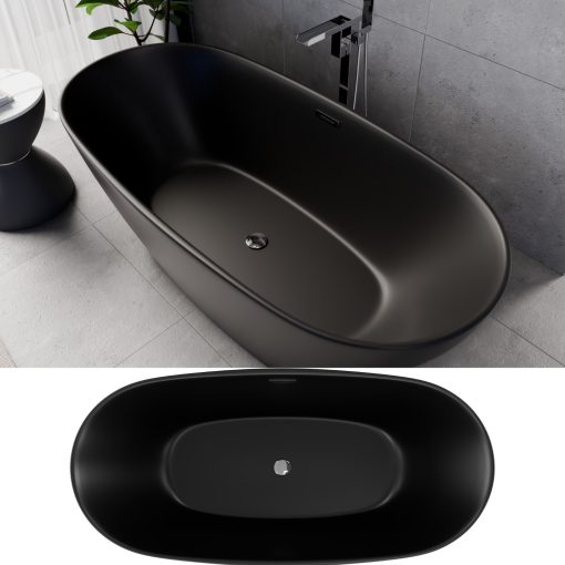 HD Aurora Matt Black 170x75 ovális térben álló akril kád fényes króm túlfolyóval és click-clack leeresztővel