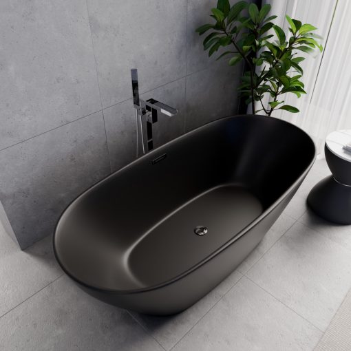 HD Aurora Matt Black 170x75 ovális térben álló akril kád fényes króm túlfolyóval és click-clack leeresztővel