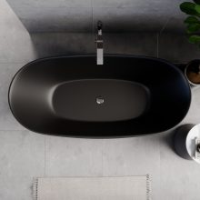 HD Aurora Matt Black 170x75 ovális térben álló akril kád fényes króm túlfolyóval és click-clack leeresztővel