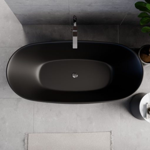 HD Aurora Matt Black 170x75 ovális térben álló akril kád fényes króm túlfolyóval és click-clack leeresztővel