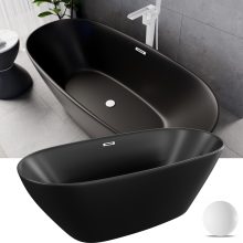 HD Aurora Matt Black 170x75 ovális térben álló akril kád matt fehér túlfolyóval és click-clack leeresztővel