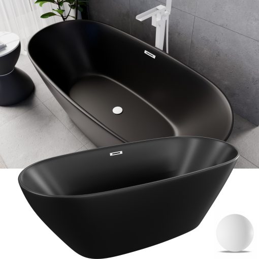HD Aurora Matt Black 170x75 ovális térben álló akril kád matt fehér túlfolyóval és click-clack leeresztővel