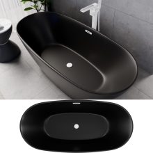 HD Aurora Matt Black 170x75 ovális térben álló akril kád matt fehér túlfolyóval és click-clack leeresztővel