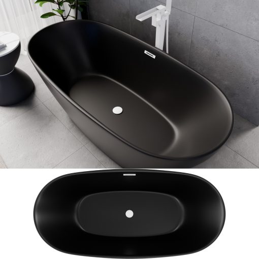 HD Aurora Matt Black 170x75 ovális térben álló akril kád matt fehér túlfolyóval és click-clack leeresztővel