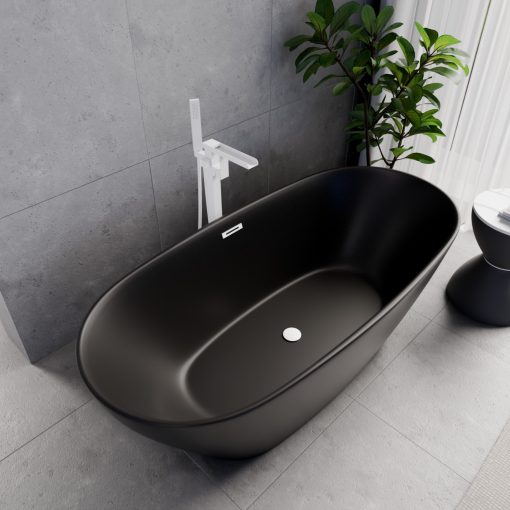 HD Aurora Matt Black 170x75 ovális térben álló akril kád matt fehér túlfolyóval és click-clack leeresztővel