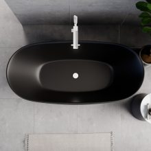 HD Aurora Matt Black 170x75 ovális térben álló akril kád matt fehér túlfolyóval és click-clack leeresztővel